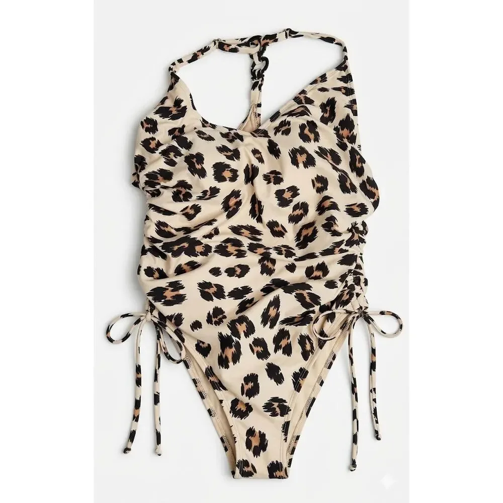 Kona Sol Leopard Print Ruched One Piece Swimsuit Side Tie Detail Size Large - Picture 1 of 8